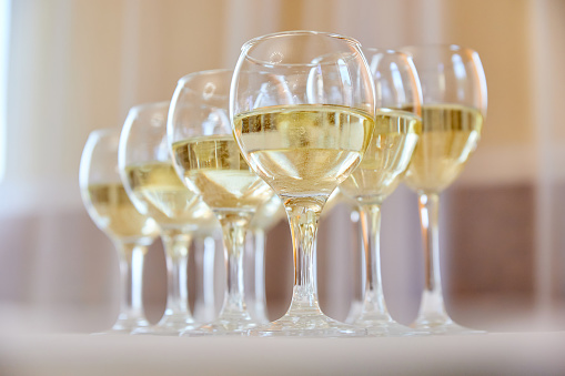 Elegant glasses with champagne standing in a row on serving table during party or celebration. Close-up, selective focus