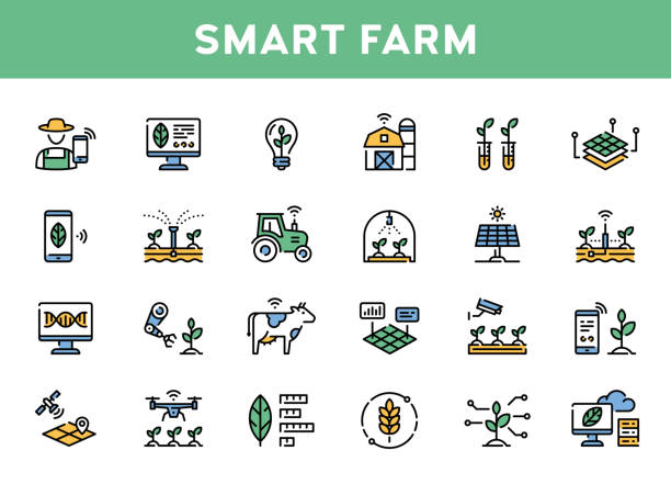 Vector Smart Farm Agriculture Icon Set Vector smart farm icon set. Line illustrations of technology agriculture. Simple and clear digital farming symbols. Innovation farmer management concept drone symbols stock illustrations