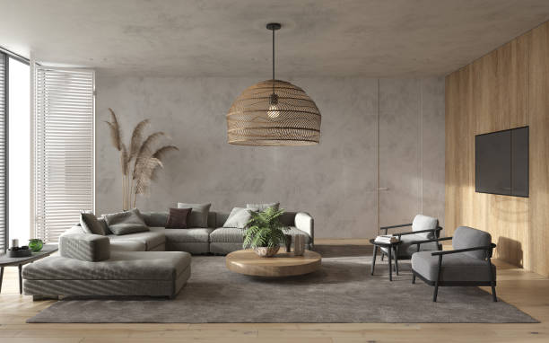 istock Minimalism modern interior  scandinavian design. Bright studio living room. Cozy design panoramic windows, large modular sofa, large wooden lamp, tv and green plants. 3d rendering. 3d illustration. 1303974008