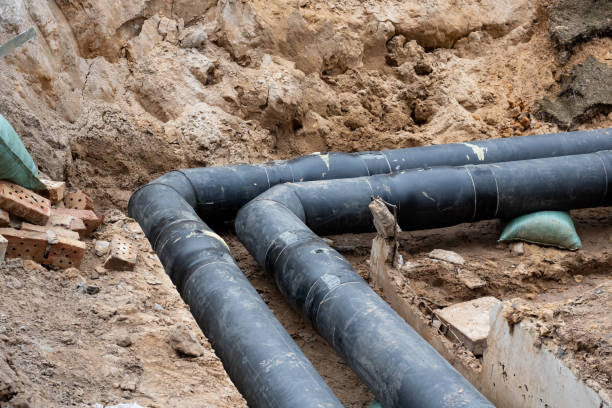 istock Black water pipe in the ground closeup 1303975033