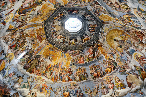 Florence: Hell and damnation depiction of Cathedral dome painting in Florence, Italy. The Brunelleschi's dome was painted by Giorgio Vasari and Federico Zuccari.