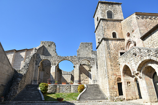 Sant'Angelo dei Lombardi, Italy, 03/30/2019. Ruins of the church belonging to an ancient abbey in the mountains of the Campania region.