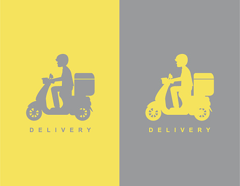 Vector banner of online delivery by bike via mobile phone . Online delivery service concept.