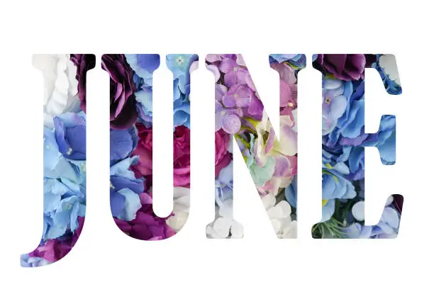 Photo of The lettering june, made of flowers. Hello, june. Concept of flowering, summer