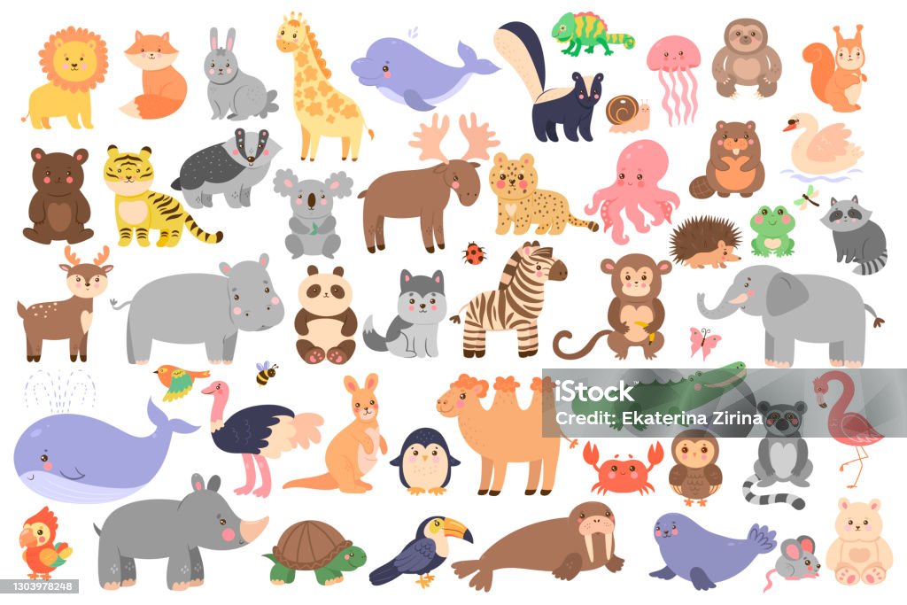 Big Set Of Cute Animals In Cartoon Style Isolated On White Background  Vector Graphics Stock Illustration - Download Image Now - iStock