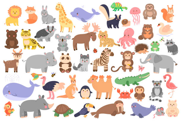 Big Set Of Cute Animals In Cartoon Style Isolated On White Background  Vector Graphics Stock Illustration - Download Image Now - iStock