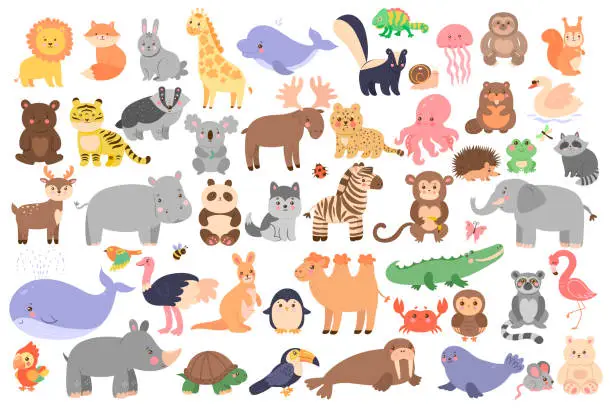 Vector illustration of Big set of cute animals in cartoon style isolated on white background. Vector graphics.