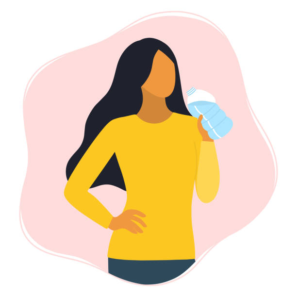 ilustraciones, imágenes clip art, dibujos animados e iconos de stock de joven hermosa mujer bebe agua de botella. ilustración vectorial plana. - sediento