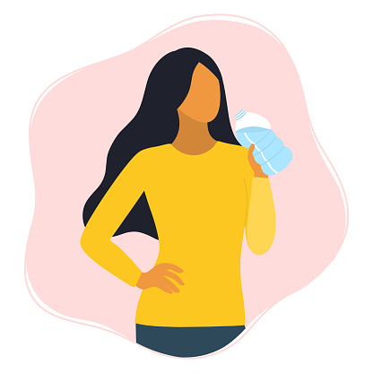 Young beautiful woman drinks water from bottle. Flat vector illustration.