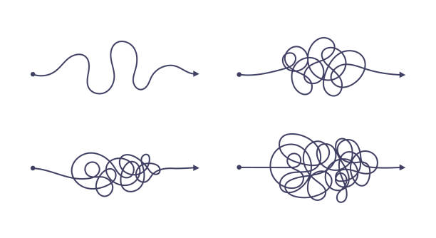 Complex and easy simple way from start to end vector illustration set. Complex and easy simple way from start to end vector illustration set. Chaos simplifying, problem solving and business solution searching challenge concept. Hand drawn doodle scribble chaos path lines tangled wires stock illustrations