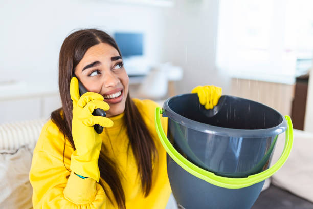 istock Shocked Woman Calling Plumber While Collecting Water Leaking From Ceiling Using Utensil 1303979071