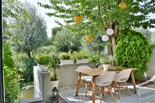 Beautiful backyard terrace full of furniture and decorative plants