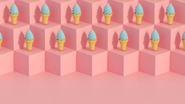 istock Ice cream cone on Isometric Cubes, Minimal summer background 1303980378