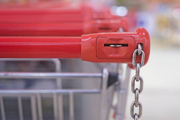 Closeup of a shopping trolley locking system. Horizontal image with soft focus.