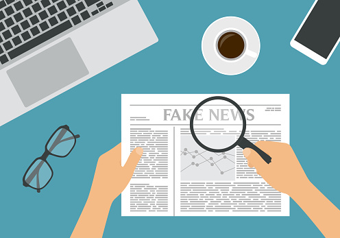Flat design illustration of male or female hand holding newspaper with financial chart and headline Fake News. Magnifier and glasses with a cup of coffee on a green background - vector