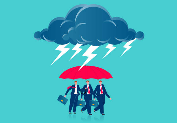 betriebsversicherungs- und schutzkonzept, geschäftsmann hält regenschirm unter dunklen wolken und blitz - windbreak stock-grafiken, -clipart, -cartoons und -symbole