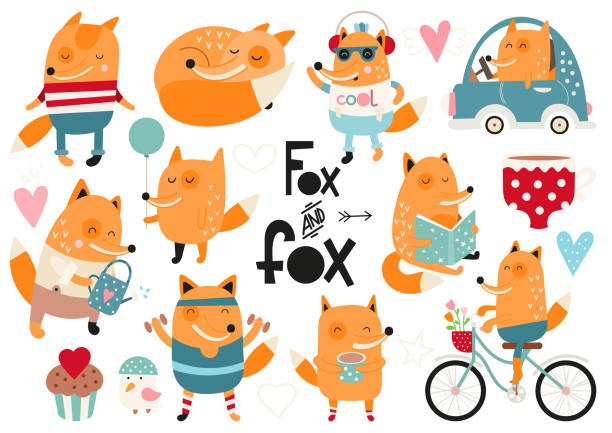 ilustrações de stock, clip art, desenhos animados e ícones de little fox clipart set - bicycle isolated basket red