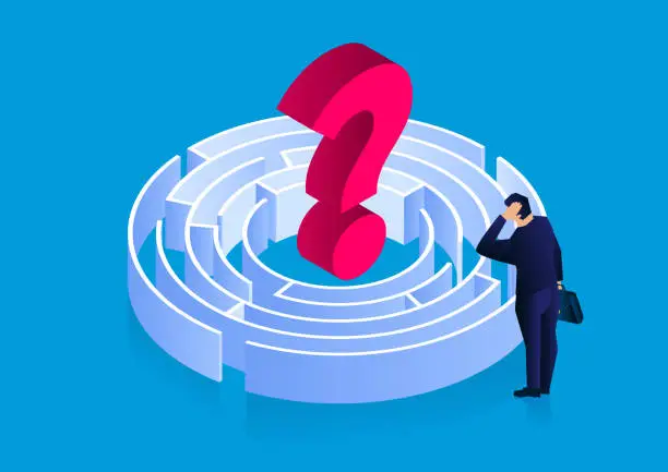 Vector illustration of Businessman looking puzzled at the question marks in the maze, difficult questions and troubles