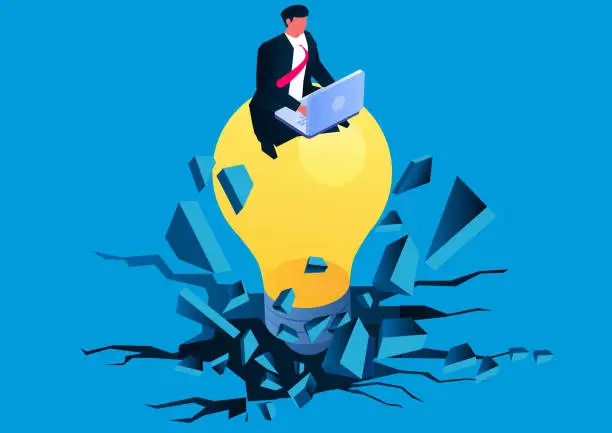 Vector illustration of Isometric businessman sitting and working on light bulb breaking through the ground, innovative business idea