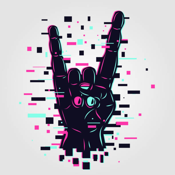 Cyber rock hand. Glitch style vector illustration. Rock and roll arm. Online show concept. Cyber rock hand. Glitch style vector illustration. Online show concept. Rock and roll arm. rocker nails stock illustrations