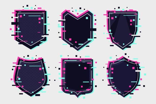 Shields icon set. Coat of arm collection. Glitch style vector emblem. Coat of arm collection. Shields icon set. Glitch style vector emblem. defending sport stock illustrations