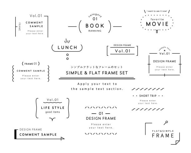 eine reihe von einfachen designs wie rahmen, dekorationen, sprechblasen, trennwände usw. die darauf geschriebenen japanischen wörter bedeuten "einfaches und flaches rahmenset", wie in der abbildung angegeben. - decorating stock-grafiken, -clipart, -cartoons und -symbole