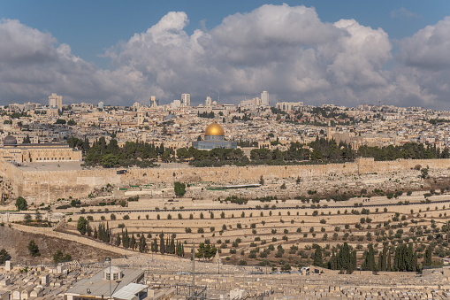 Panoramic view to Jerusalem old city from the Mount of Olives, Israel. High quality photo