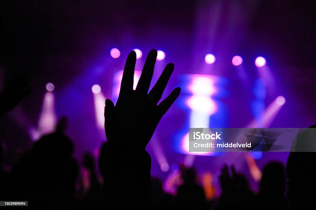 Concert silhouette Hands and people in silhouette during a celebration concert Adult Stock Photo