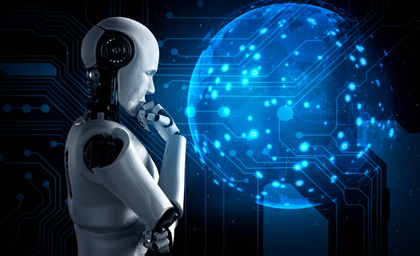 istock Thinking AI humanoid robot analyzing hologram screen shows concept of network 1303989544
