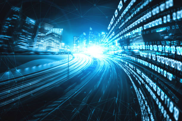 istock Digital data flow on road with motion blur to create vision of fast speed transfer 1303989641