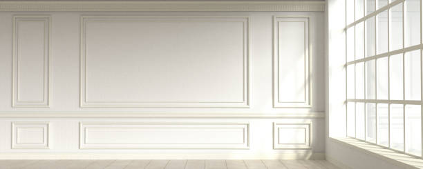 istock Modern classic white empty interior with wall panels and wooden floor. 3d render 1303989648