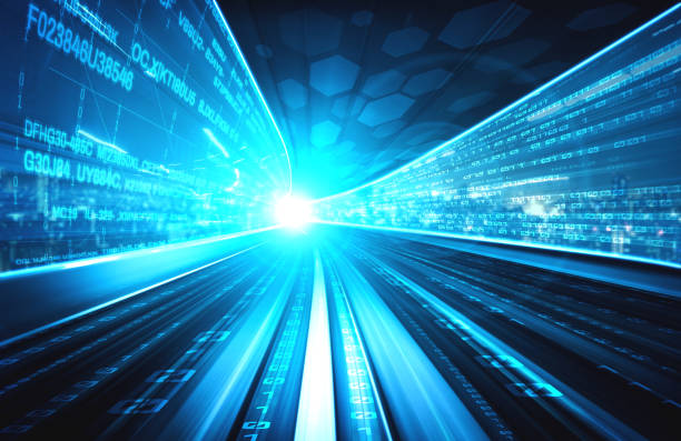 istock Digital data flow on road with motion blur to create vision of fast speed transfer 1303991679