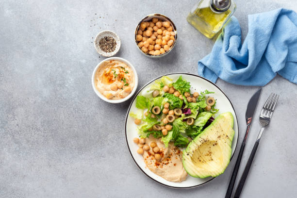 istock Salad buddha bowl with chickpeas, hummus, avocado and greens 1303993243