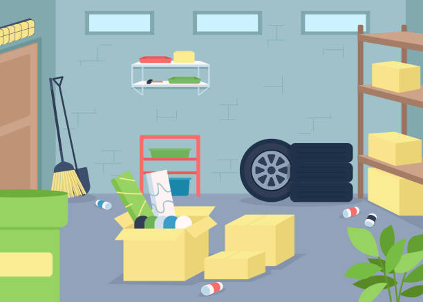 ilustrações, clipart, desenhos animados e ícones de ilustração vetorial de cor plana da garagem - garage organization house basement