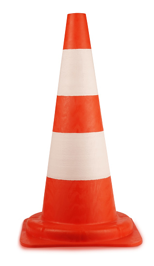 This is a orange white traffic cone or pylon for sport.