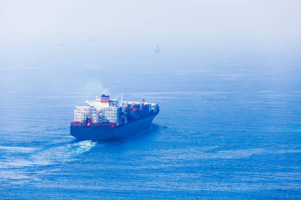 Container ship goes on Red Sea, rear view. Saudi Arabia