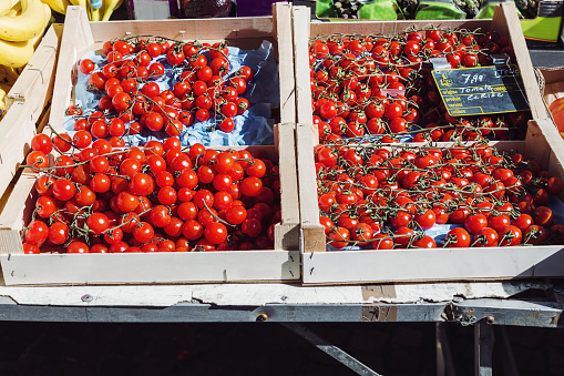 Cherry tomatoes in French open air market - Annecy, Haute-Savoie