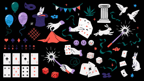 Easy Magic Design Elements Easy magic illustration design elements for illusionist show, magic tricks, circus, online courses. Vector colorful clipart isolated on black background. sorcerer hat stock illustrations