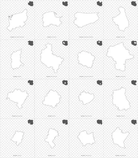 Vector illustration of Outlined division of the country of Poland - 16 single isolated voivodeships shapes in vector with aesthetic and refined borders on transparent background - the orientation of each region is marked on the general map of Poland