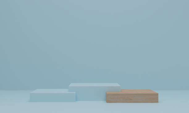 istock 3d rendering. wood podium on blue background 1303998287