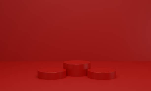 istock Empty red platform for showing product. podium in red studio room. 3d render 1303998547