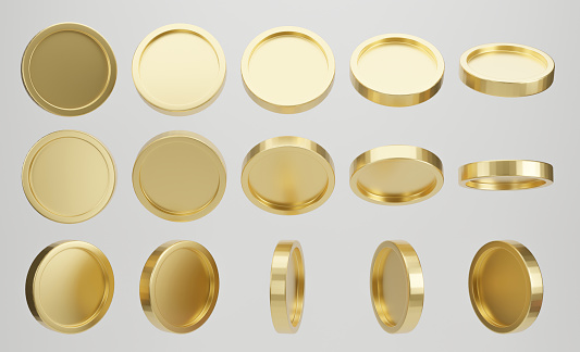 Conjunto de moneda dorada en diferente forma sobre fondo blanco. Renderizado 3D. photo