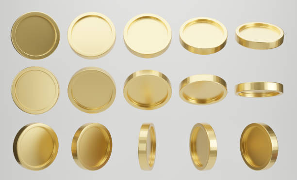 set di moneta d'oro in diverse forme su sfondo bianco. rendering 3d. - coin foto e immagini stock