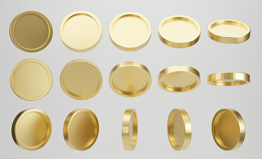 Set of golden coin in different shape on white background. 3d rendering.