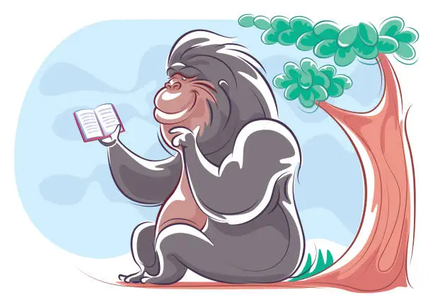 Vector illustration of happy gorilla reading book