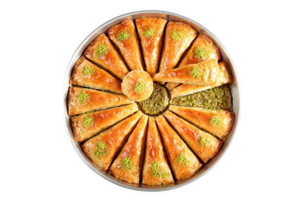 Traditional Turkish dessert Baklava with pistachios on a tray stock photo