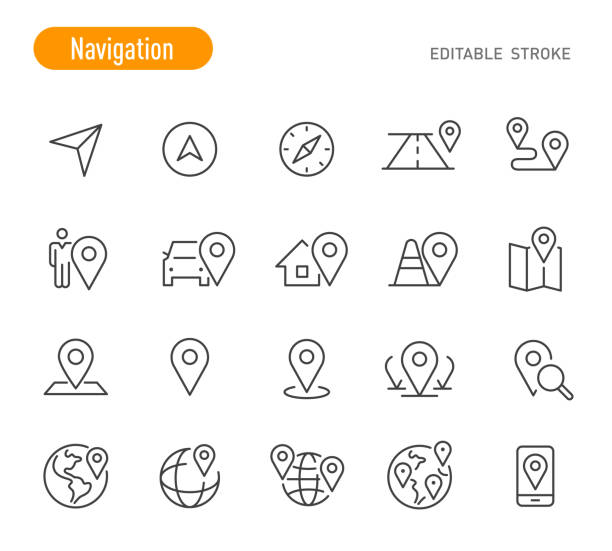 ilustraciones, imágenes clip art, dibujos animados e iconos de stock de conjunto de iconos de navegación - serie de líneas - trazo editable - carretera