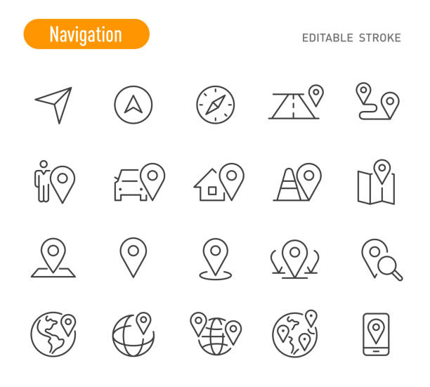 탐색 아이콘 세트 - 라인 시리즈 - 편집 가능한 스트로크 - global positioning system travel map direction stock illustrations