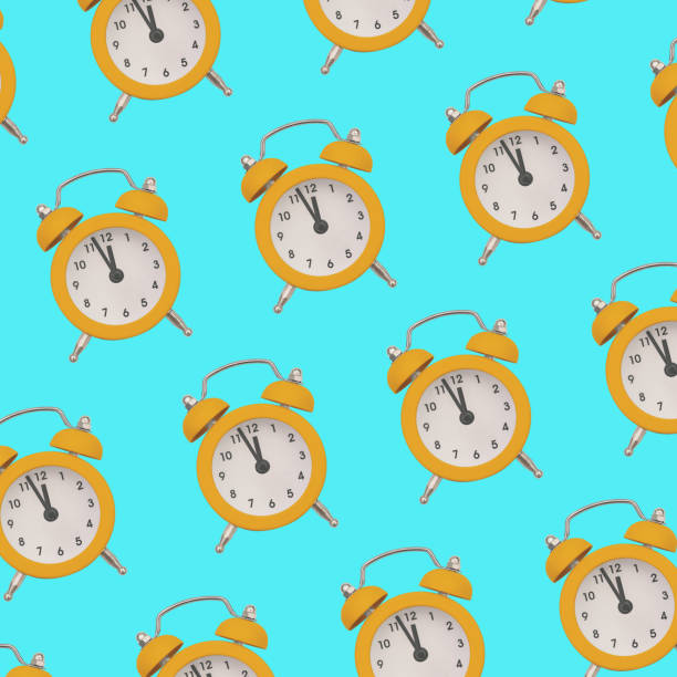 istock Yellow alarm clock on a colored background. Creative pattern with a clock. Minimal trendy style 1304002758