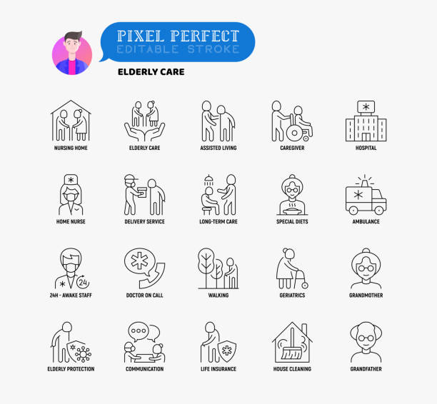 Nursing home for elderly people thin line icons set. Assisted living for disabled, volunteers help and support. Long-term service. Pixel perfect, editable stroke. Vector illustration. vector art illustration